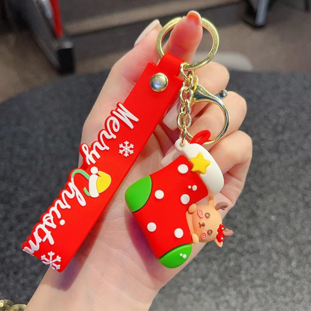 Christmas Red Stocking Keychain with Cute Reindeer Charm